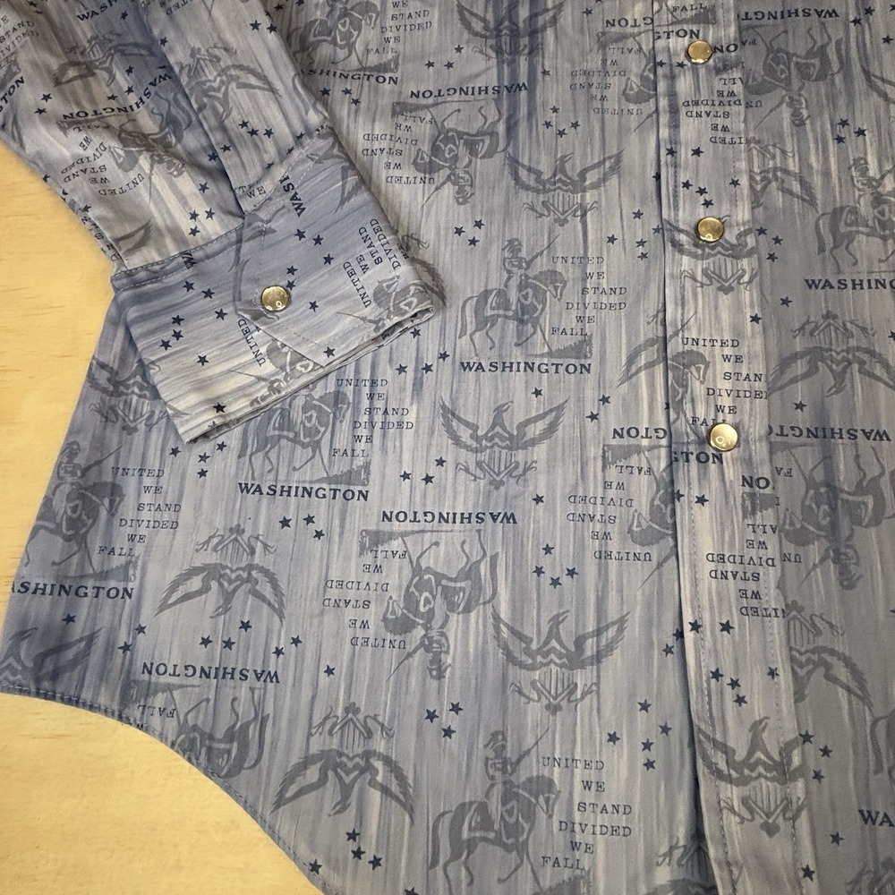 Hands Off Mens Vintage Sears Long Sleeve Pearl Snap Shirt L Blue All Over Print - Picture 3 of 10